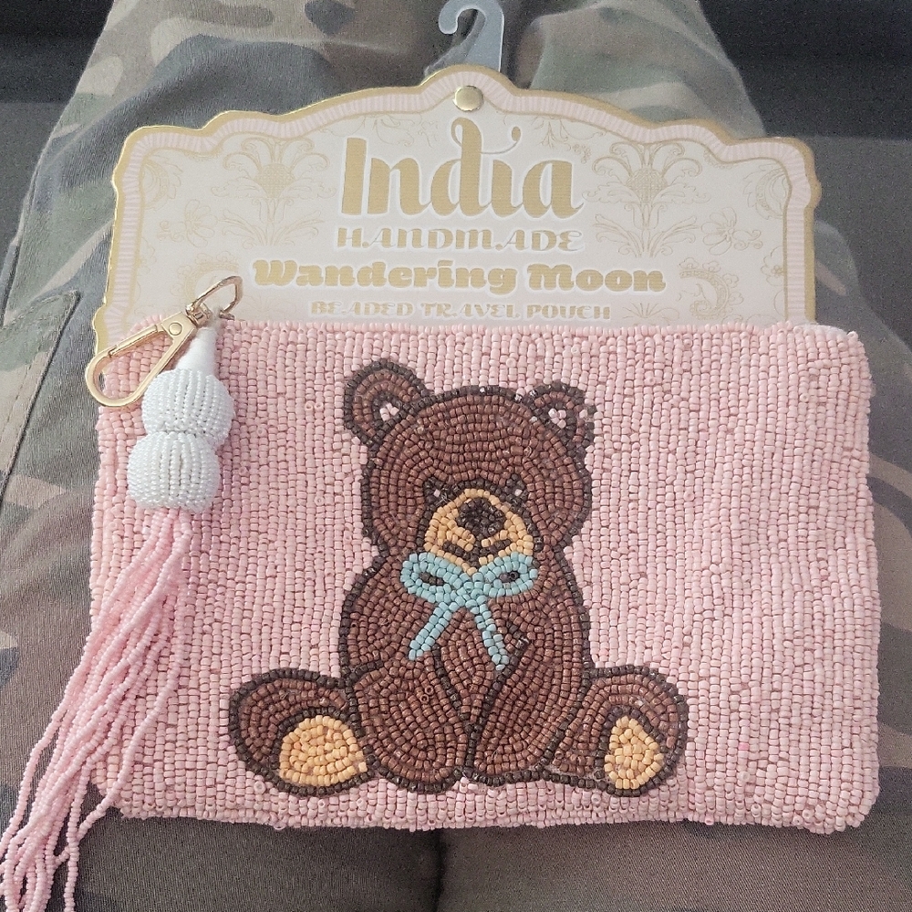 Wandering Moon Pink Beaded Bear Clutch